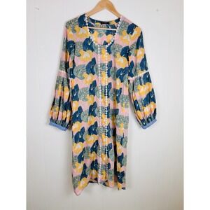 Jodi Woman India‎ Boho Block Print Midi Dress Medium Cotton Pink Multicolor